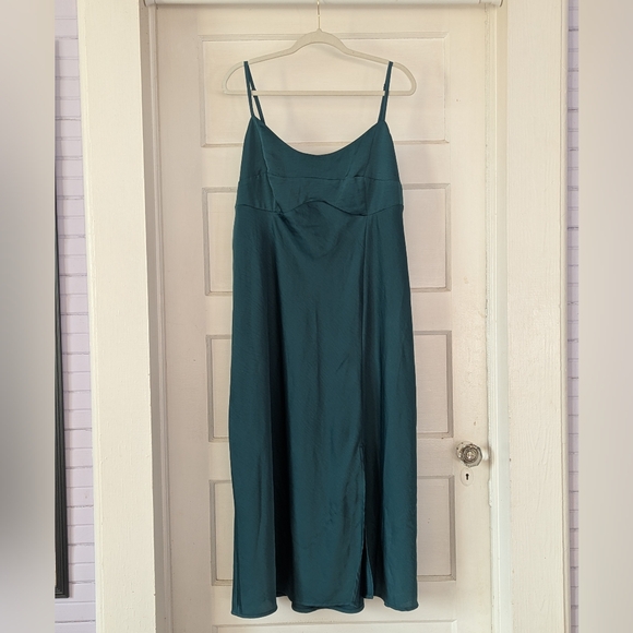 a new day Dresses & Skirts - Satin Emerald Green Midi Dress with Thigh Slit